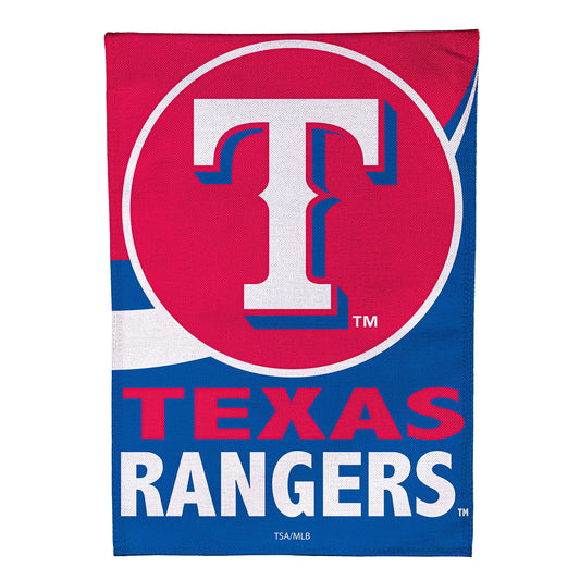 Texas Rangers burlap garden flag outdoor use with bold TEXAS RANGERS lettering red and blue on Tampa Home & Garden Store