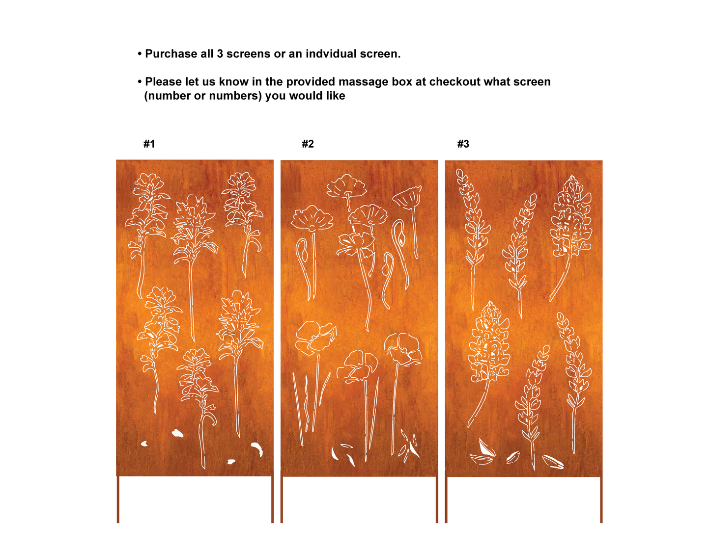 3-panel outdoor rust wall sculpture with white botanical outlines by Rustica Ornamentals on Tampa Home & Garden Store