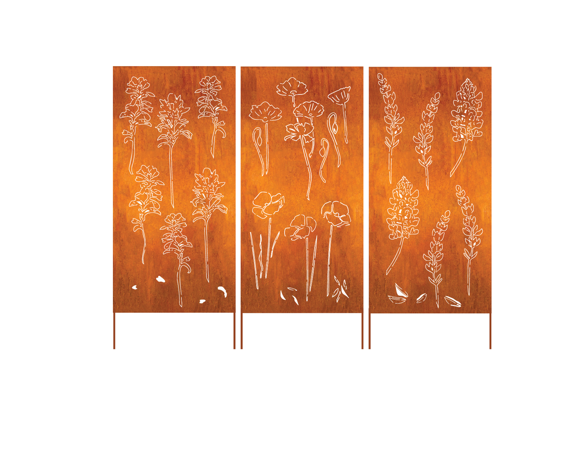 Outdoor rust-colored metal wall sculpture three-panel with floral line art Rustica Ornamentals on Tampa Home & Garden Store