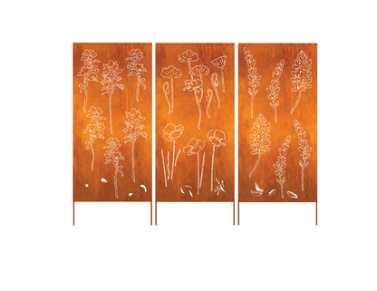 Outdoor rust-colored metal wall sculpture three-panel with floral line art Rustica Ornamentals on Tampa Home & Garden Store