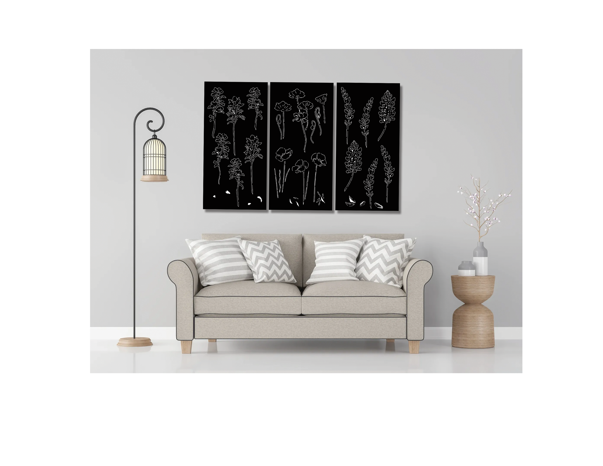Outdoor Privacy Panel or Metal Wall Sculpture set of 3 black panels with white botanical outlines on Tampa Home & Garden Store