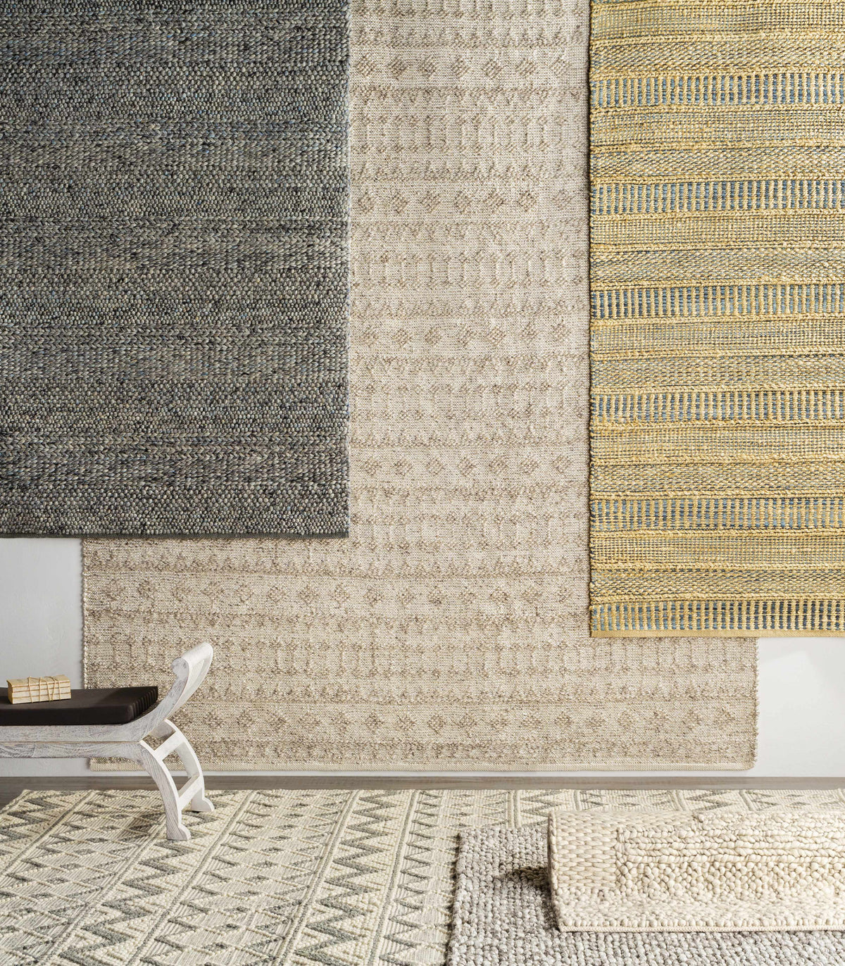 Argonne Area Rug, 3-rug display, gray/beige textured trio with gold striped accents on Tampa Home & Garden Store