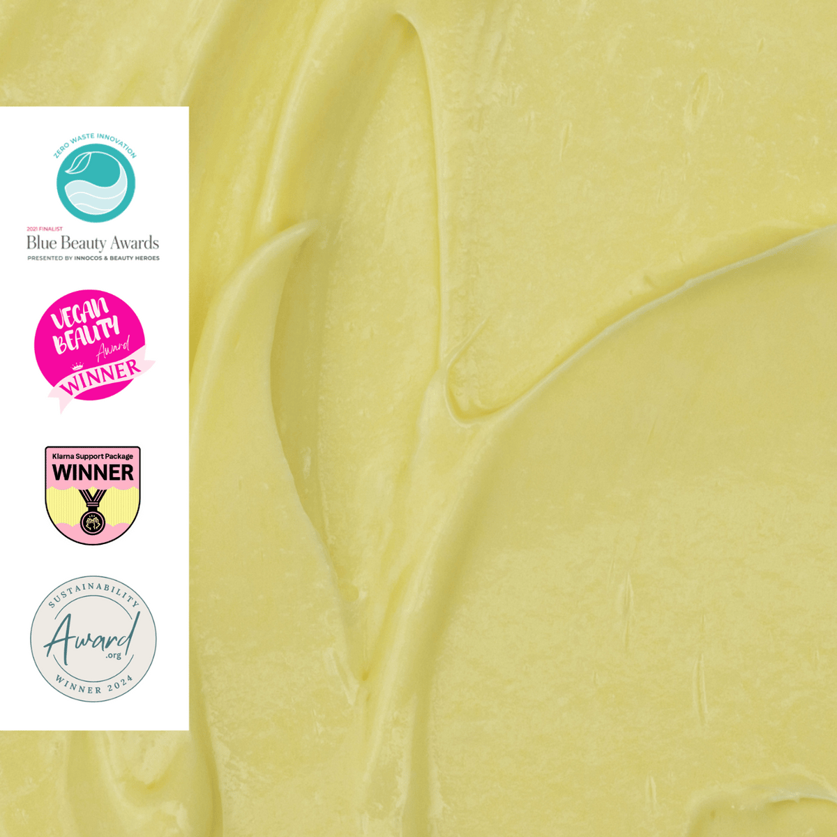 Night Cream with Hyaluronic Acid + Niacinamide: white award logos pale yellow background on Tampa Home & Garden Store