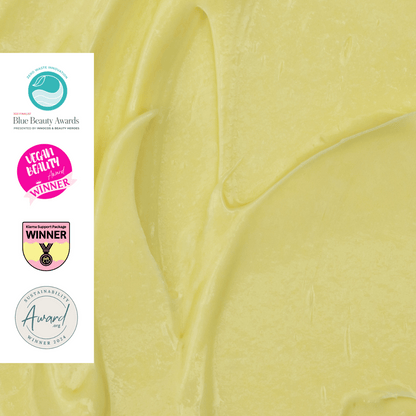 Night Cream with Hyaluronic Acid + Niacinamide: white award logos pale yellow background on Tampa Home & Garden Store