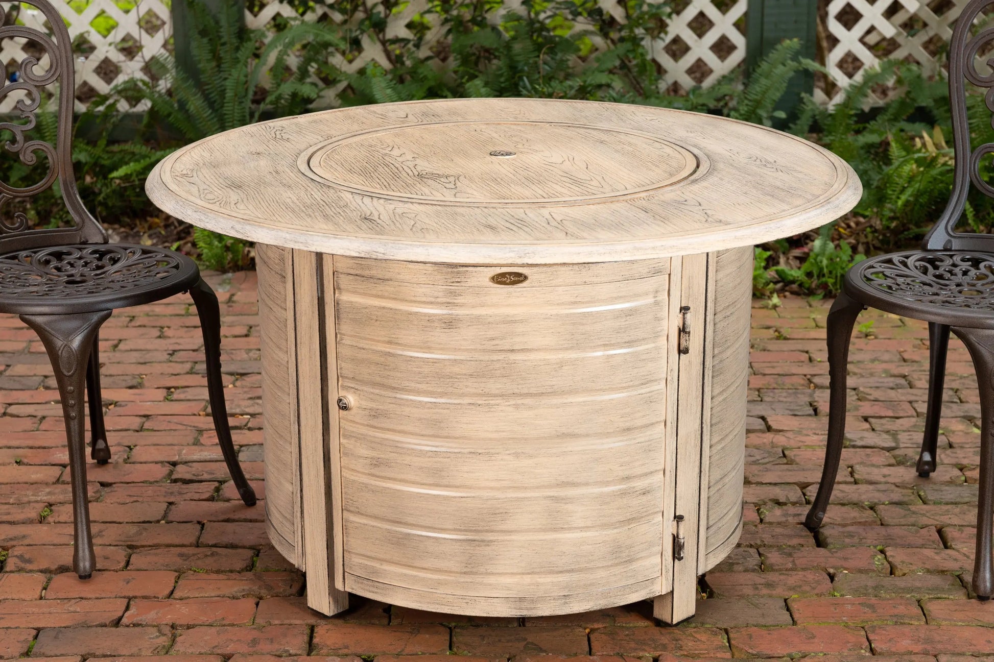 Thatcher driftwood round aluminum LPG fire pit with barrel base and lid, Fire Sense badge on Tampa Home & Garden Store