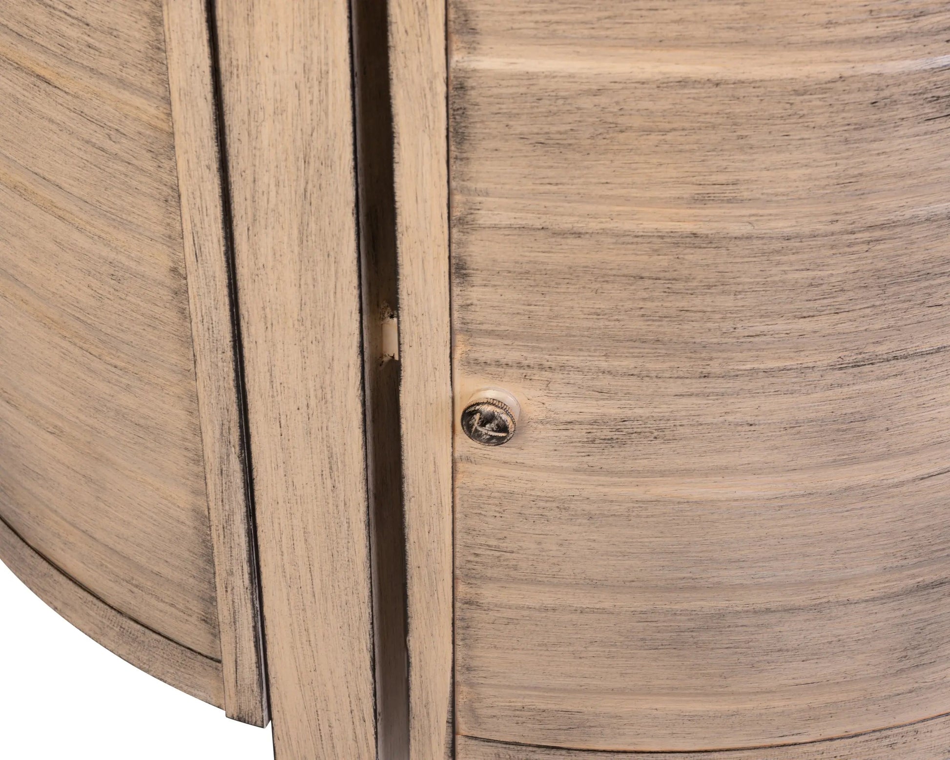 Wooden circular table surface with visible grain and metal knob on Tampa Home & Garden Store