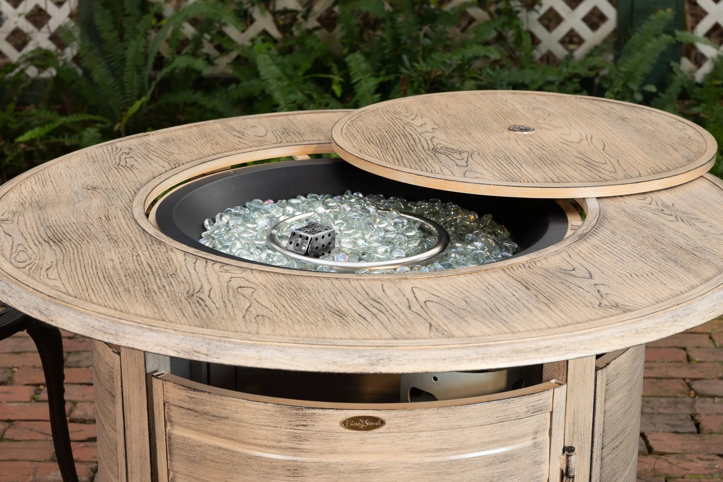 Thatcher Driftwood Round Aluminum LPG Fire Pit woodgrain beads Fire Sense on Tampa Home & Garden Store