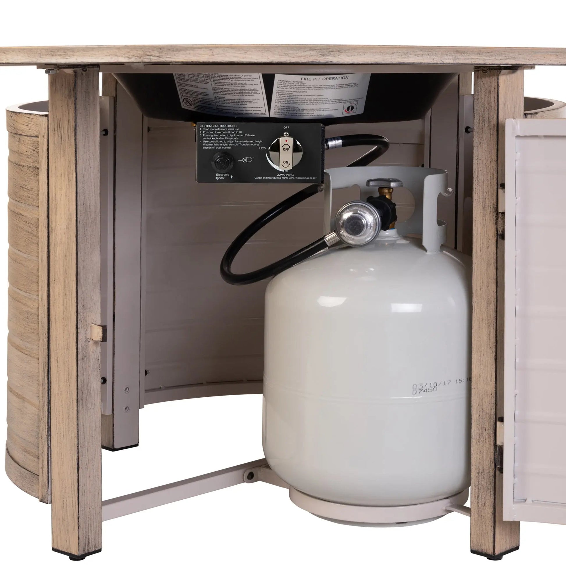 Thatcher Driftwood Round Aluminum LPG Fire Pit in wooden cabinet with propane tank on Tampa Home & Garden Store