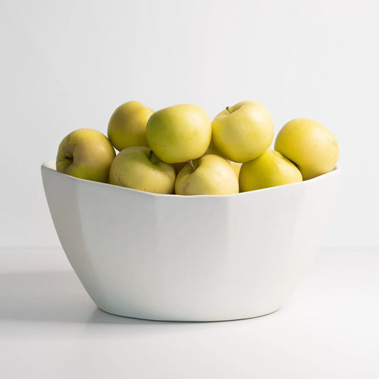 White porcelain nesting bowl filled with yellow apples on Tampa Home & Garden Store