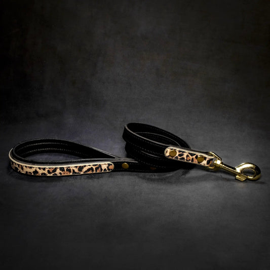 Leopard print dog leash by Bestia Dog Gear with gold hardware on Tampa Home & Garden Store