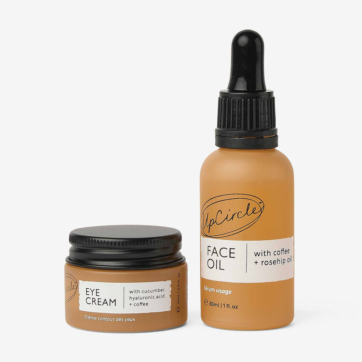 The Caffeinated Duo UpCircle set: eye cream & face oil in brown bottles with dropper caps on Tampa Home & Garden Store