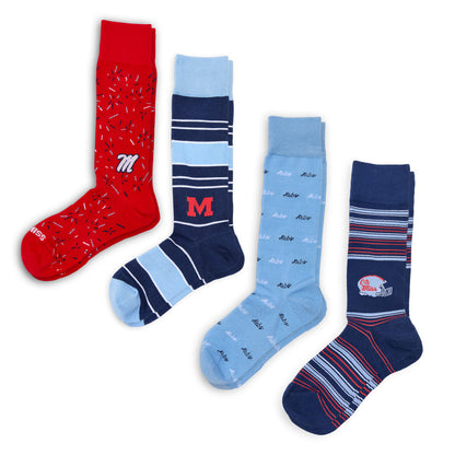 Ole Miss Rebel 4-Pack licensed college socks in red, light blue, and navy with stripes and logos on Tampa Home & Garden Store