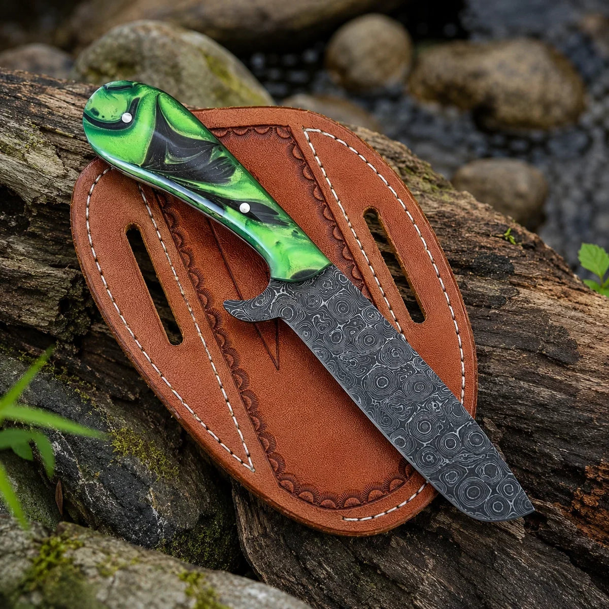 Frontier Cowboy Gear Flash Flood damascus fixed blade with epoxy handle and leather sheath on Tampa Home & Garden Store