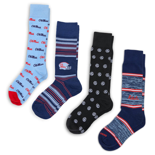 DeadSoxy Ole Miss Lafayette 4-Pack college socks; light blue Ole Miss, navy stripes on Tampa Home & Garden Store