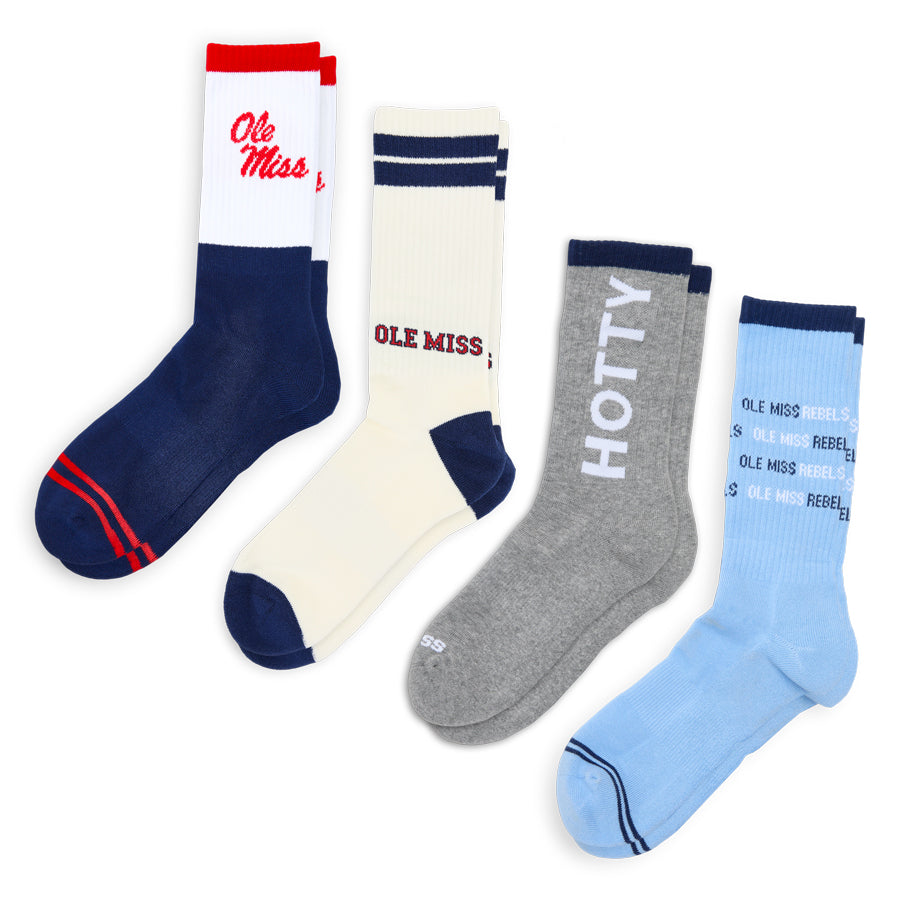 DeadSoxy Ole Miss Square 4-Pack crew socks in navy, cream, gray, and blue with branding on Tampa Home & Garden Store