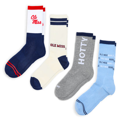 DeadSoxy Ole Miss Square 4-Pack crew socks in navy, cream, gray, and blue with branding on Tampa Home & Garden Store