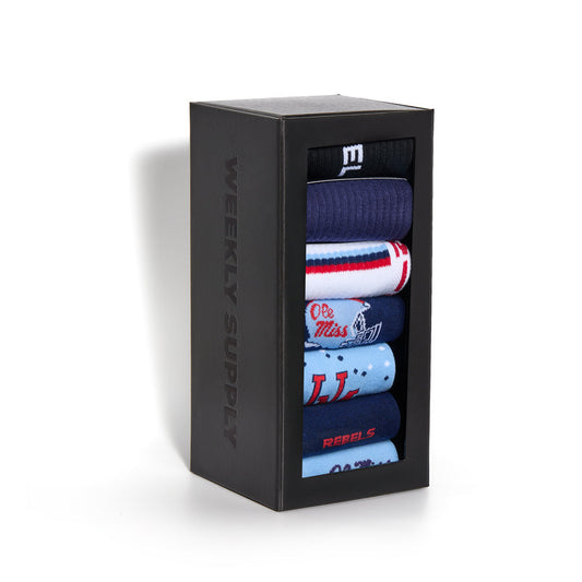 Weekly Sply Vaught licensed college socks by DeadSoxy in black box with six team-colored pairs on Tampa Home & Garden Store