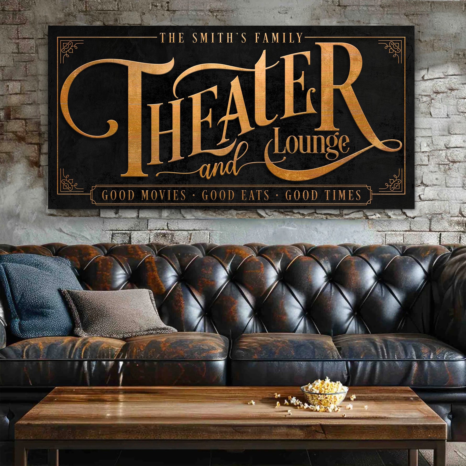 Theater Sign IX canvas by Tailored Canvases with copper lettering on black background on Tampa Home & Garden Store