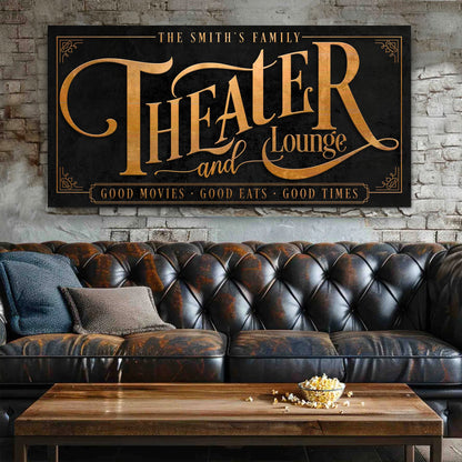 Theater Sign IX canvas by Tailored Canvases with copper lettering on black background on Tampa Home & Garden Store