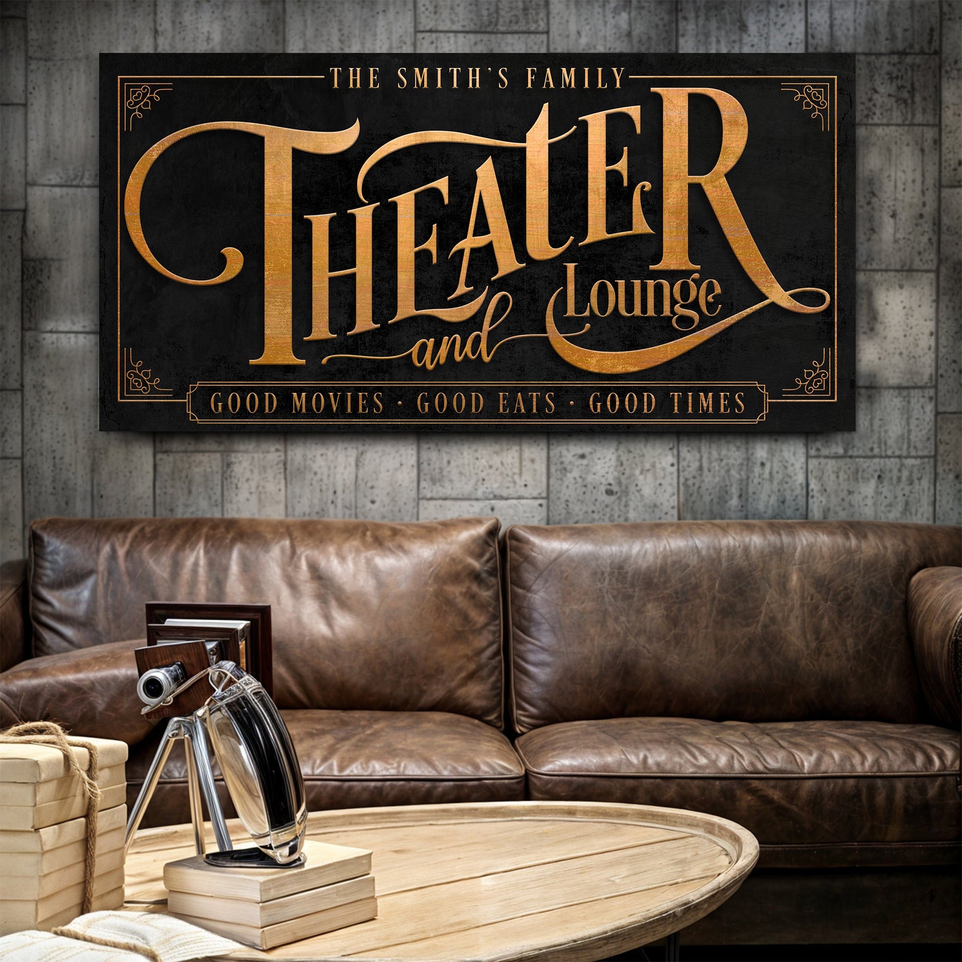 Theater Sign IX canvas with copper-gold lettering on black background, Tailored Canvases on Tampa Home & Garden Store