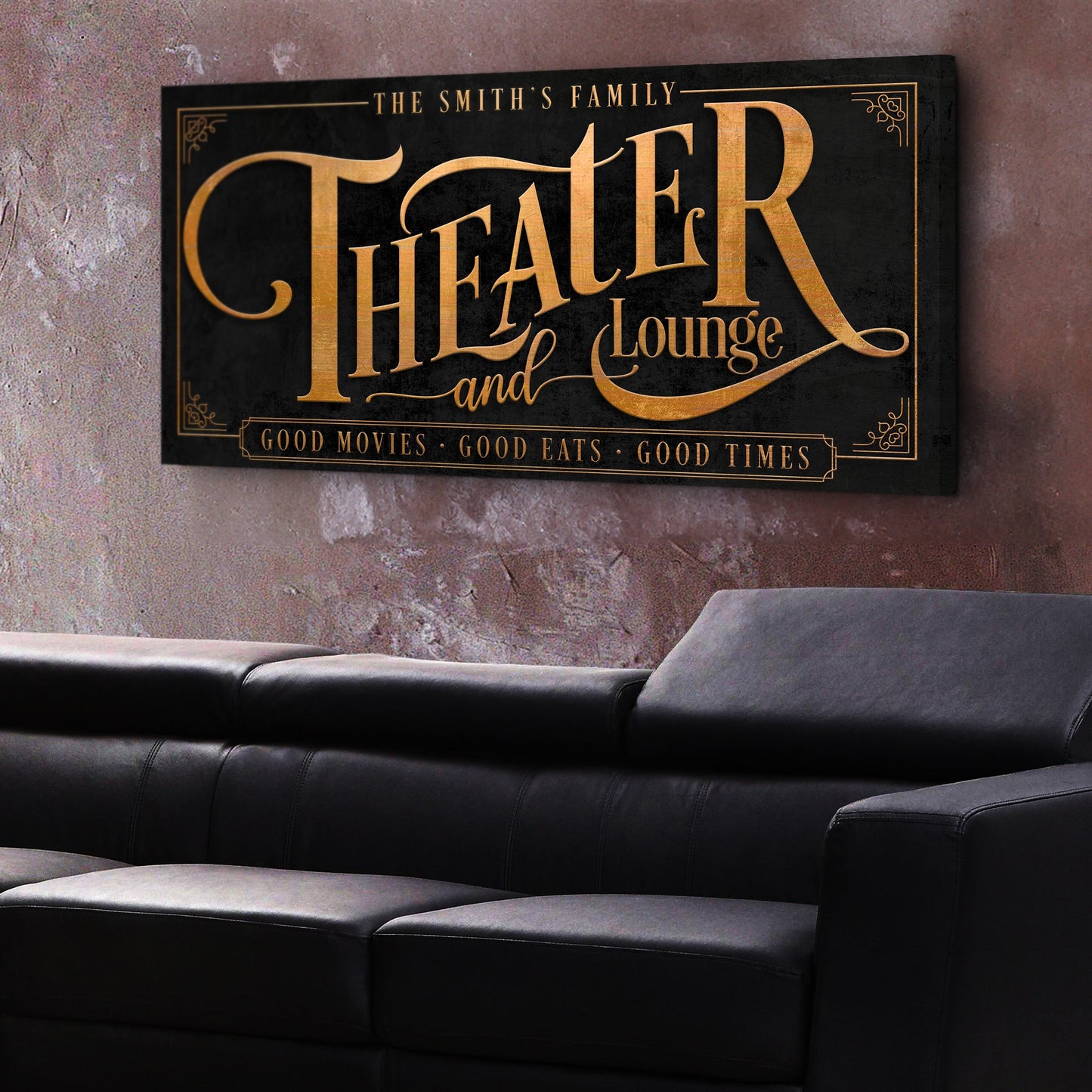 Theater Sign IX canvas by Tailored Canvases; black crafting canvas with copper-gold lettering on Tampa Home & Garden Store