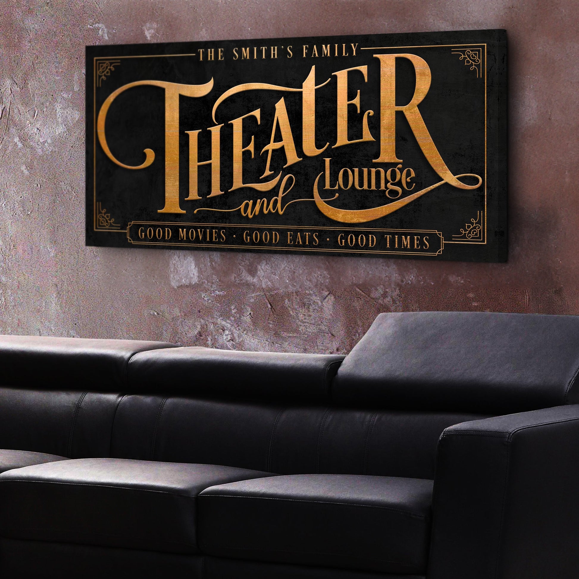 Theater Sign IX canvas by Tailored Canvases; black crafting canvas with copper-gold lettering on Tampa Home & Garden Store