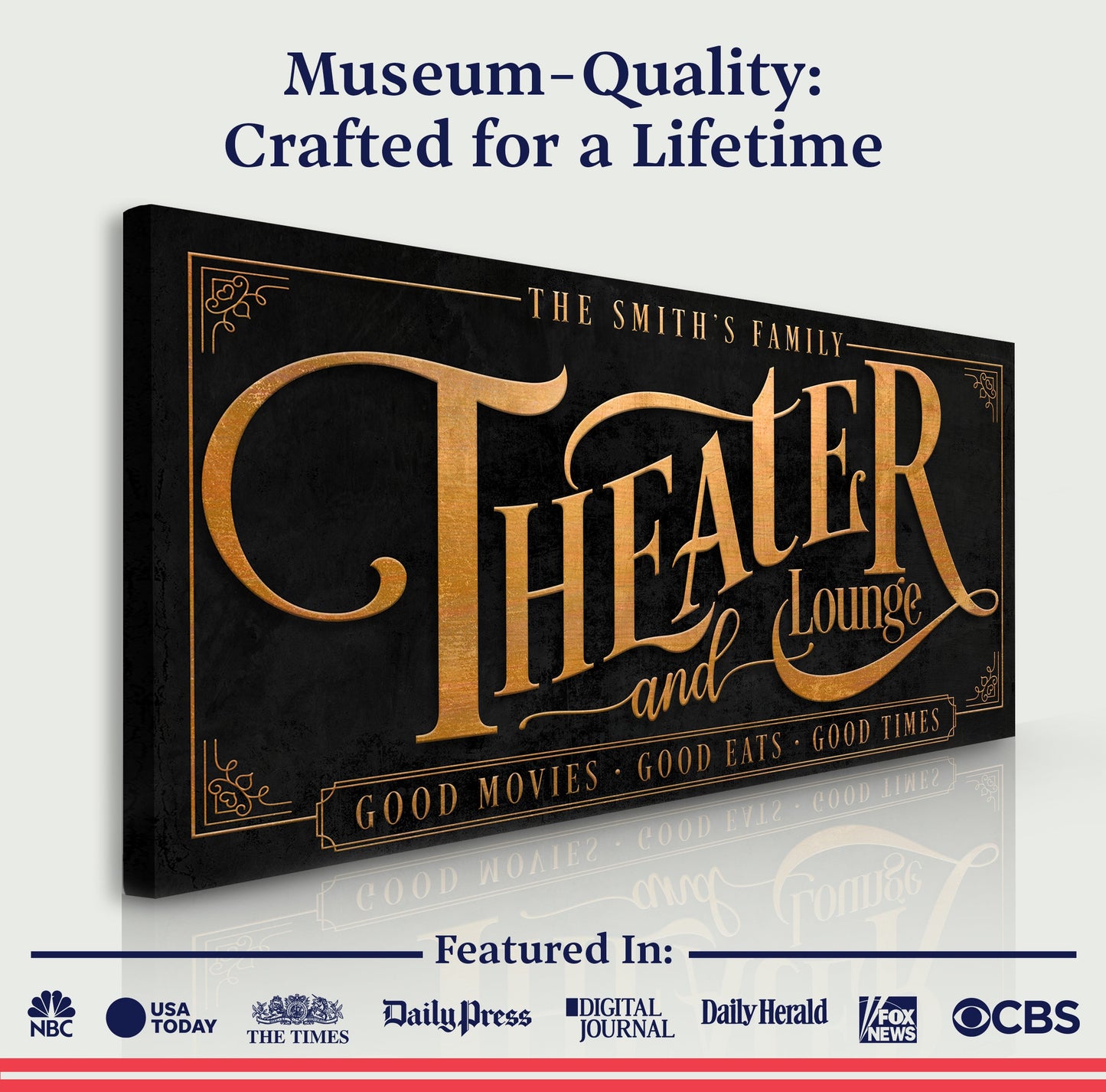 Theater Sign IX canvas; black crafting canvas with gold typography and border on Tampa Home & Garden Store