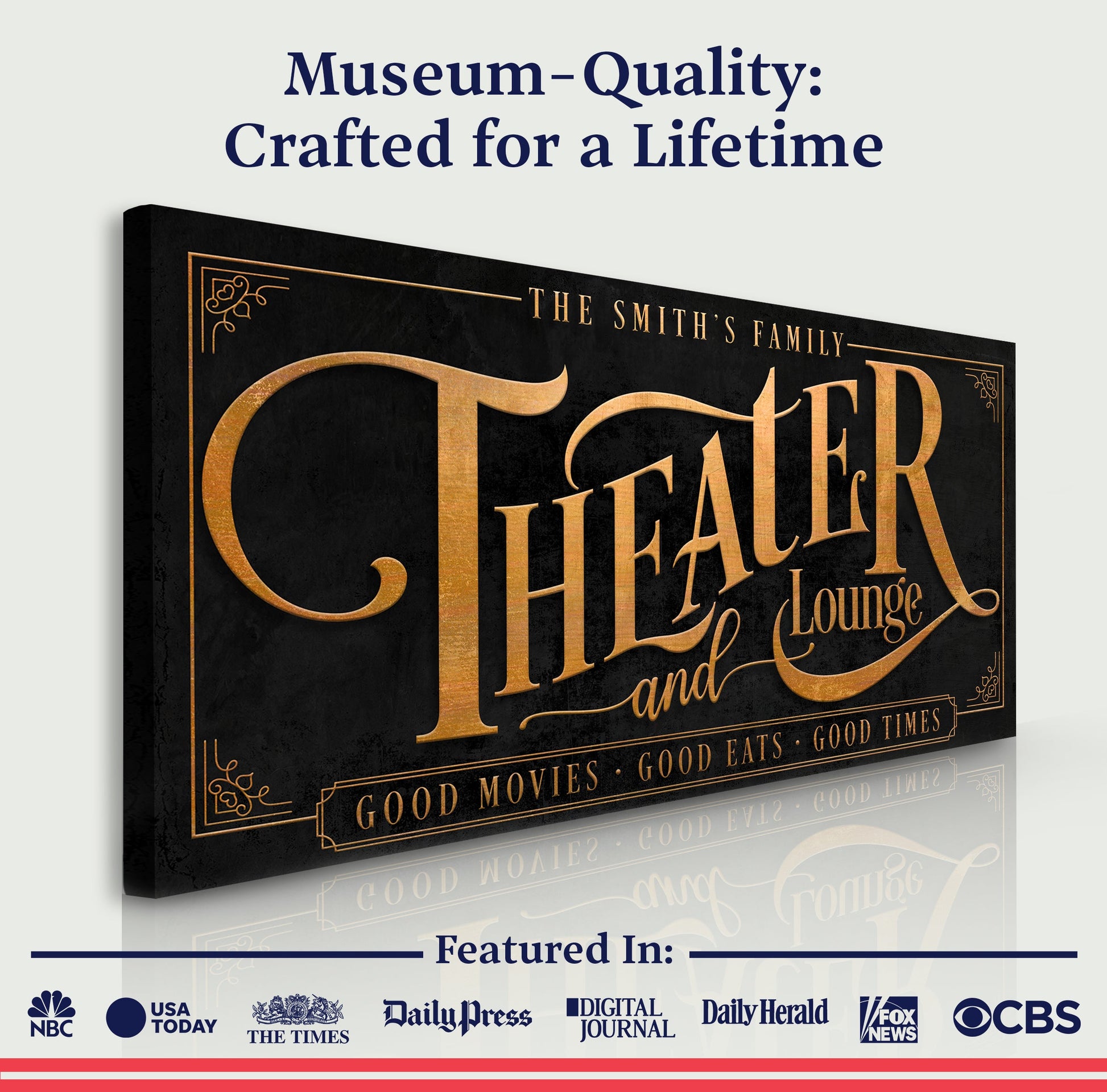 Theater Sign IX canvas; black crafting canvas with gold typography and border on Tampa Home & Garden Store