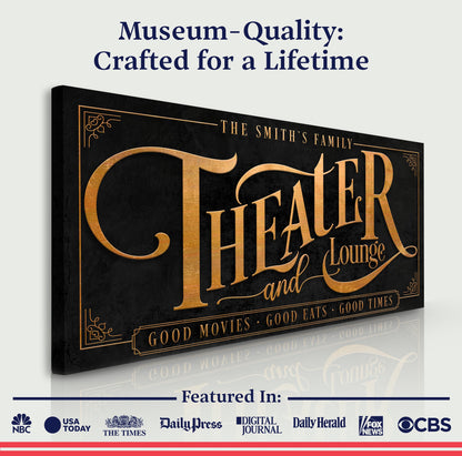 Theater Sign IX canvas; black crafting canvas with gold typography and border on Tampa Home & Garden Store