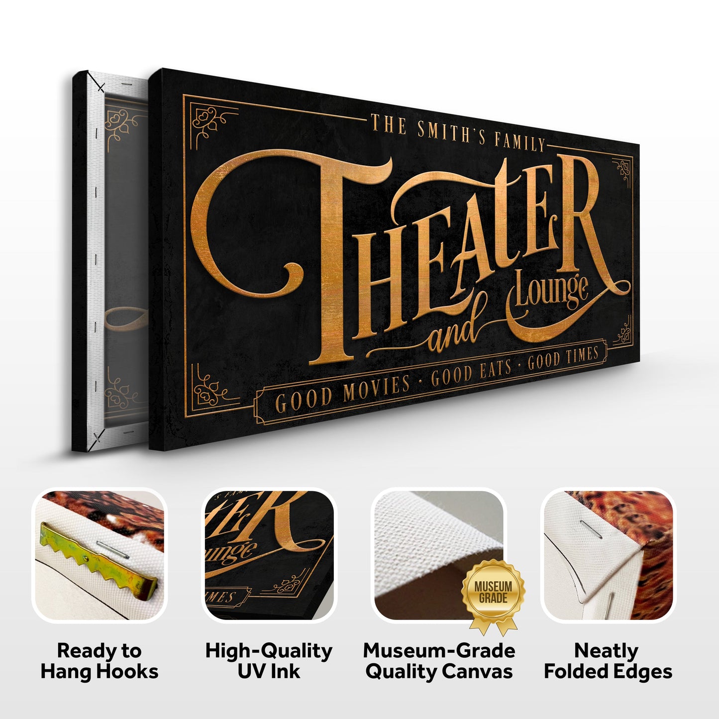 Theater Sign IX canvas by Tailored Canvases; black background with copper-gold ornate lettering and border on Tampa Home & Garden Store