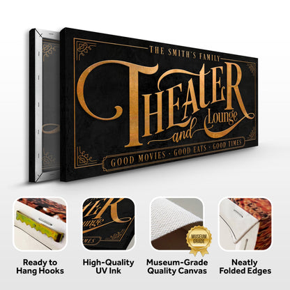 Theater Sign IX canvas by Tailored Canvases; black background with copper-gold ornate lettering and border on Tampa Home & Garden Store