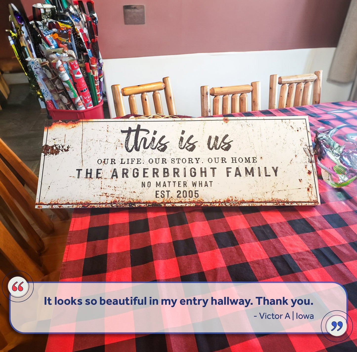 This Is Us Rustic Sign canvas by Tailored Canvases, distressed white panel with bold black lettering on Tampa Home & Garden Store