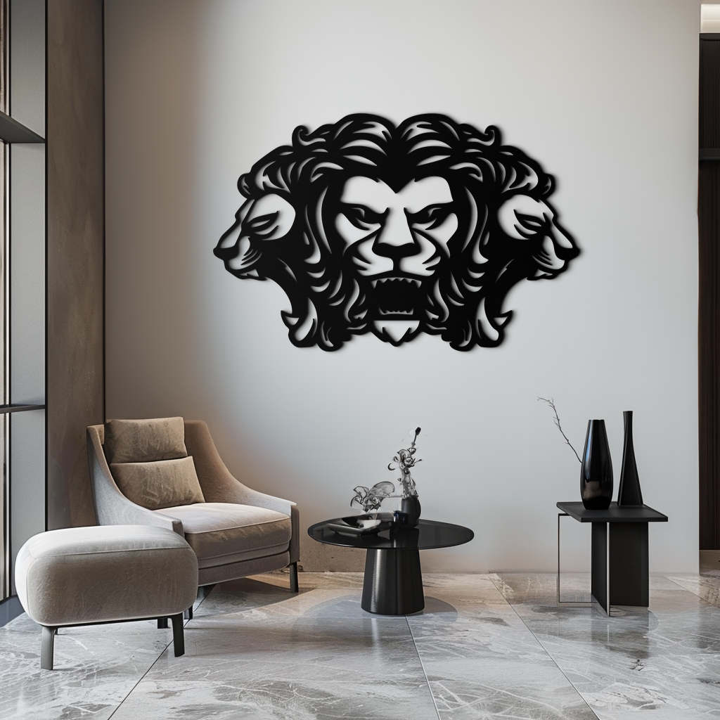 Three-Headed Lion Metal Wall Art – Fierce Tribal Lion Head Wall Decor- KAF589 - Tampa Home & Garden Store