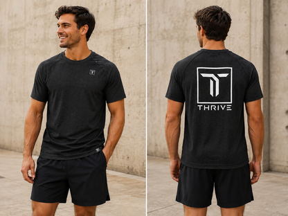 Thrive Elite Athletic T Shirt black pickleball tee with small chest logo and back emblem on Tampa Home & Garden Store