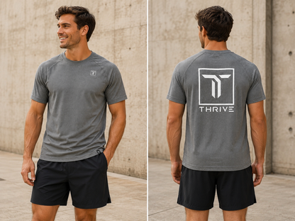 Thrive Elite Athletic T Shirt gray pickleball tee with small front logo and back Thrive graphic on Tampa Home & Garden Store