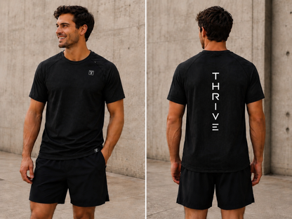 Thrive Elite Athletic T Shirt pickleball tee black with small front logo and back THRIVE vertical branding on Tampa Home & Garden Store