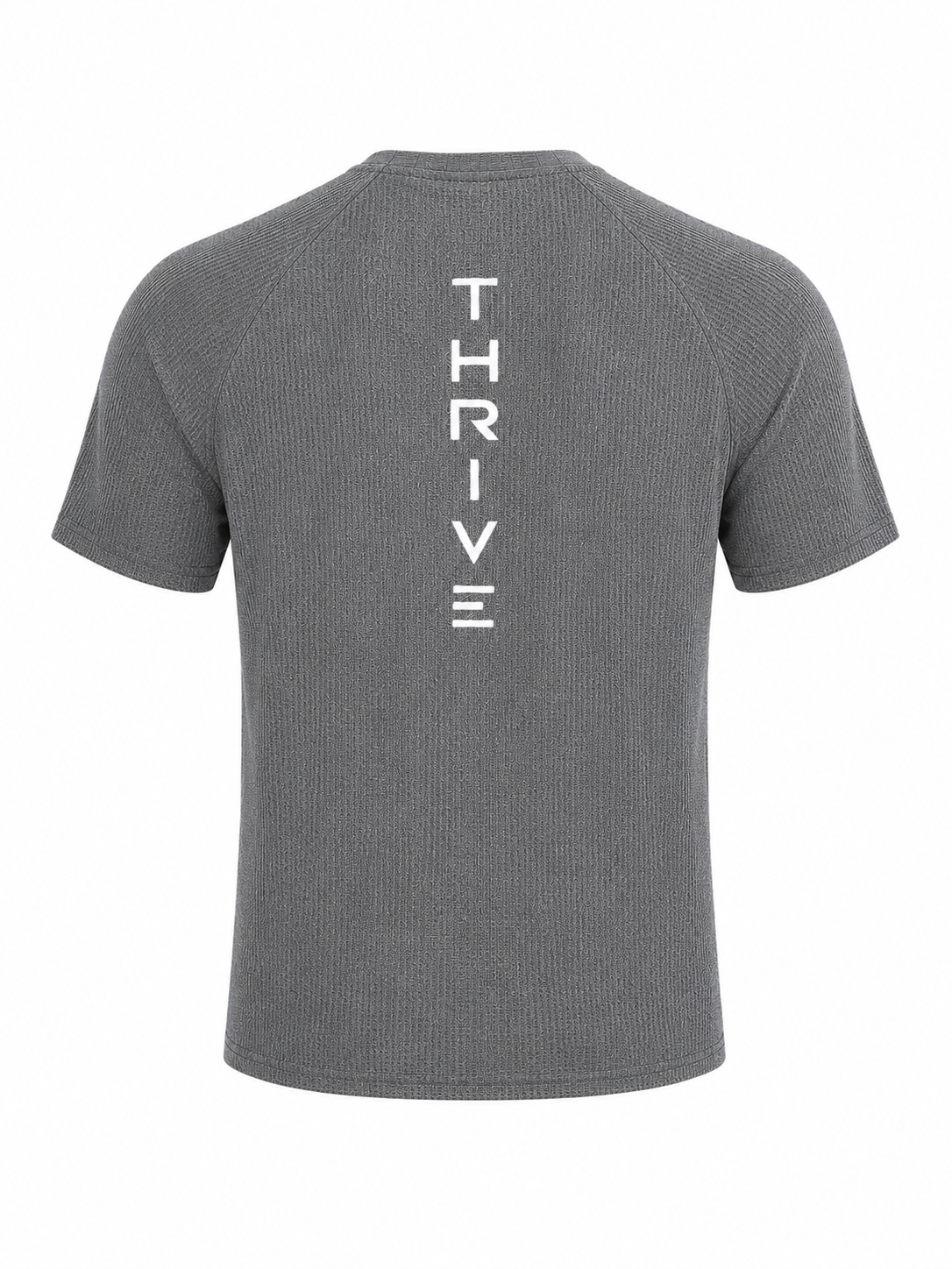 Thrive Elite Athletic T Shirt back view in gray knit with vertical Thrive logo on Tampa Home & Garden Store