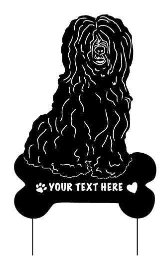 Black Tibetan Terrier garden stake with bone base and customizable text Rustica Ornamentals on Tampa Home & Garden Store