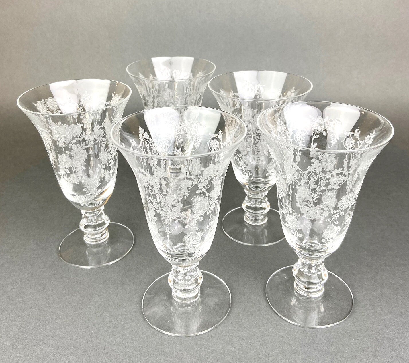 Tiffin Franciscan Juice Stemware with Etched Beautiful Cherokee Rose Pattern. Set of Five Juice or Water Glasses. - Tampa Home & Garden Store