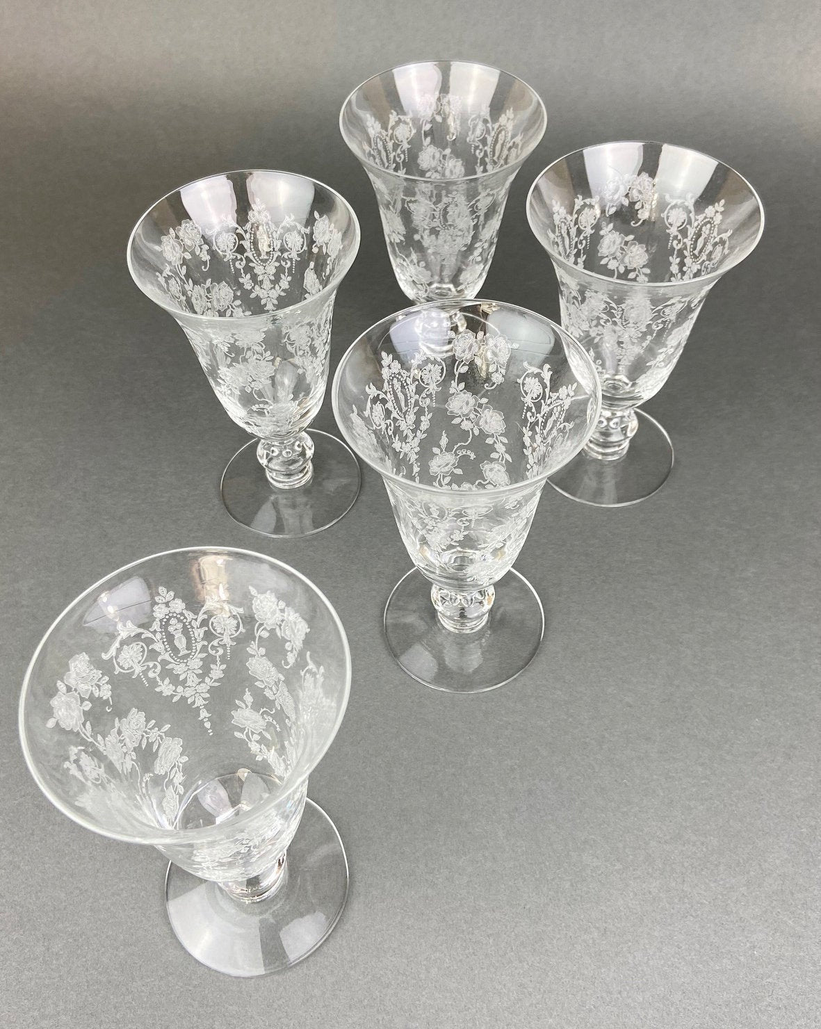 Tiffin Franciscan Juice Stemware with Etched Beautiful Cherokee Rose Pattern. Set of Five Juice or Water Glasses. - Tampa Home & Garden Store