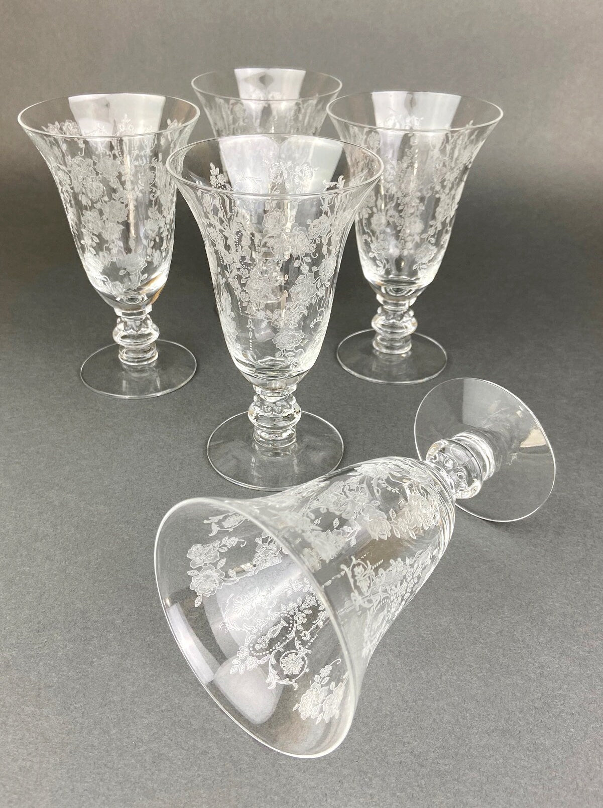 Tiffin Franciscan Juice Stemware with Etched Beautiful Cherokee Rose Pattern. Set of Five Juice or Water Glasses. - Tampa Home & Garden Store
