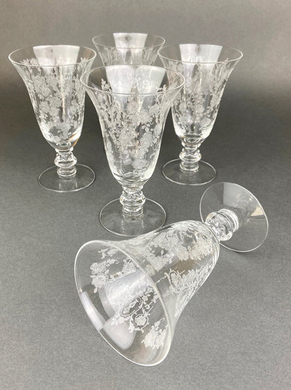Tiffin Franciscan Juice Stemware with Etched Beautiful Cherokee Rose Pattern. Set of Five Juice or Water Glasses. - Tampa Home & Garden Store