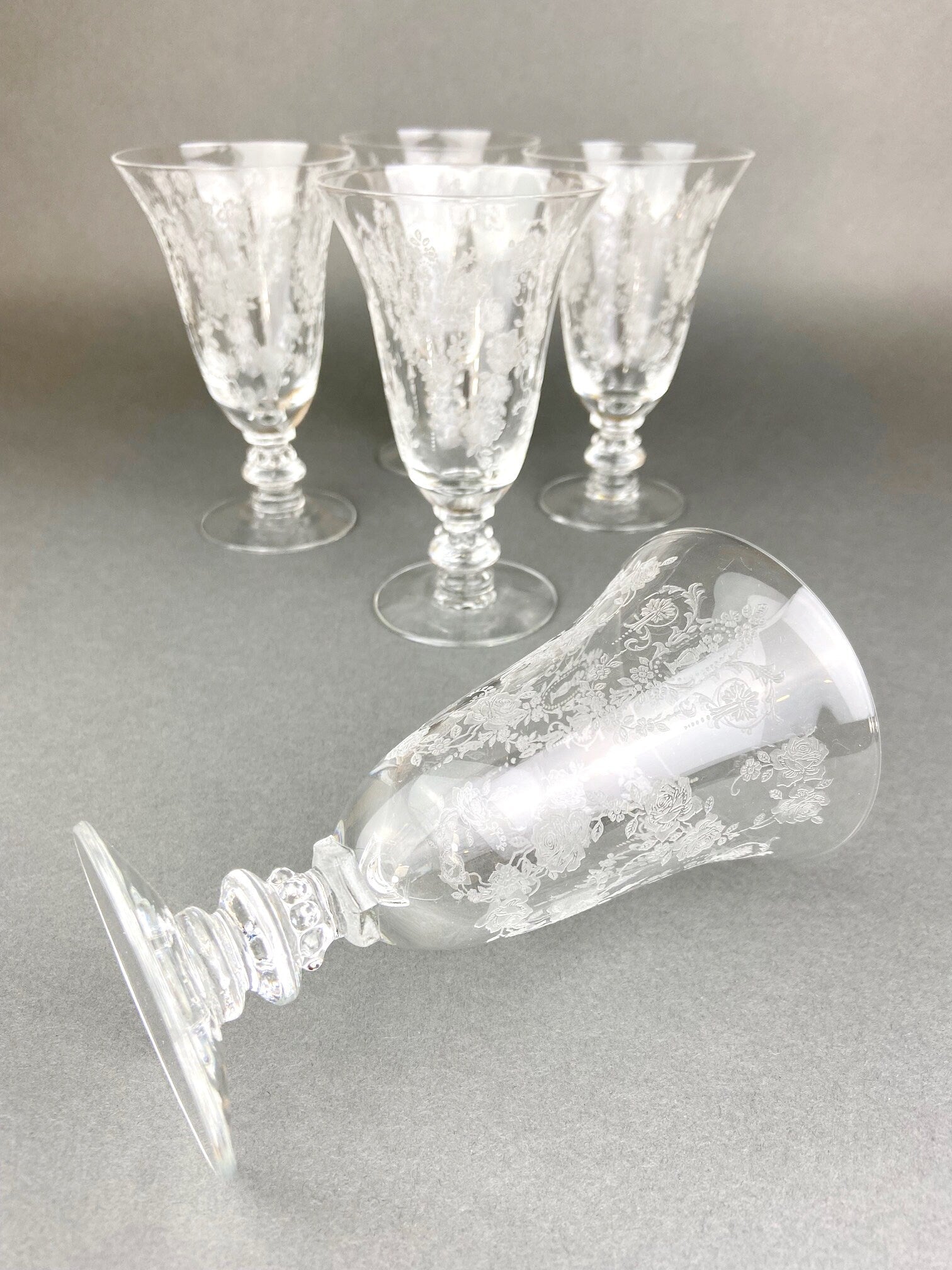 Tiffin Franciscan Juice Stemware with Etched Beautiful Cherokee Rose Pattern. Set of Five Juice or Water Glasses. - Tampa Home & Garden Store
