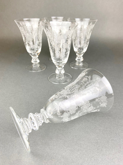 Tiffin Franciscan Juice Stemware with Etched Beautiful Cherokee Rose Pattern. Set of Five Juice or Water Glasses. - Tampa Home & Garden Store