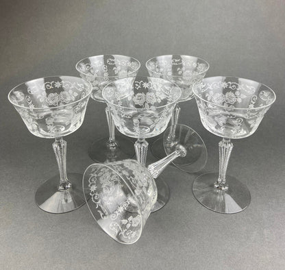 Tiffin Franciscan Juice Stemware with Etched Beautiful Cherokee Rose Pattern. Set of Five Juice or Water Glasses. - Tampa Home & Garden Store