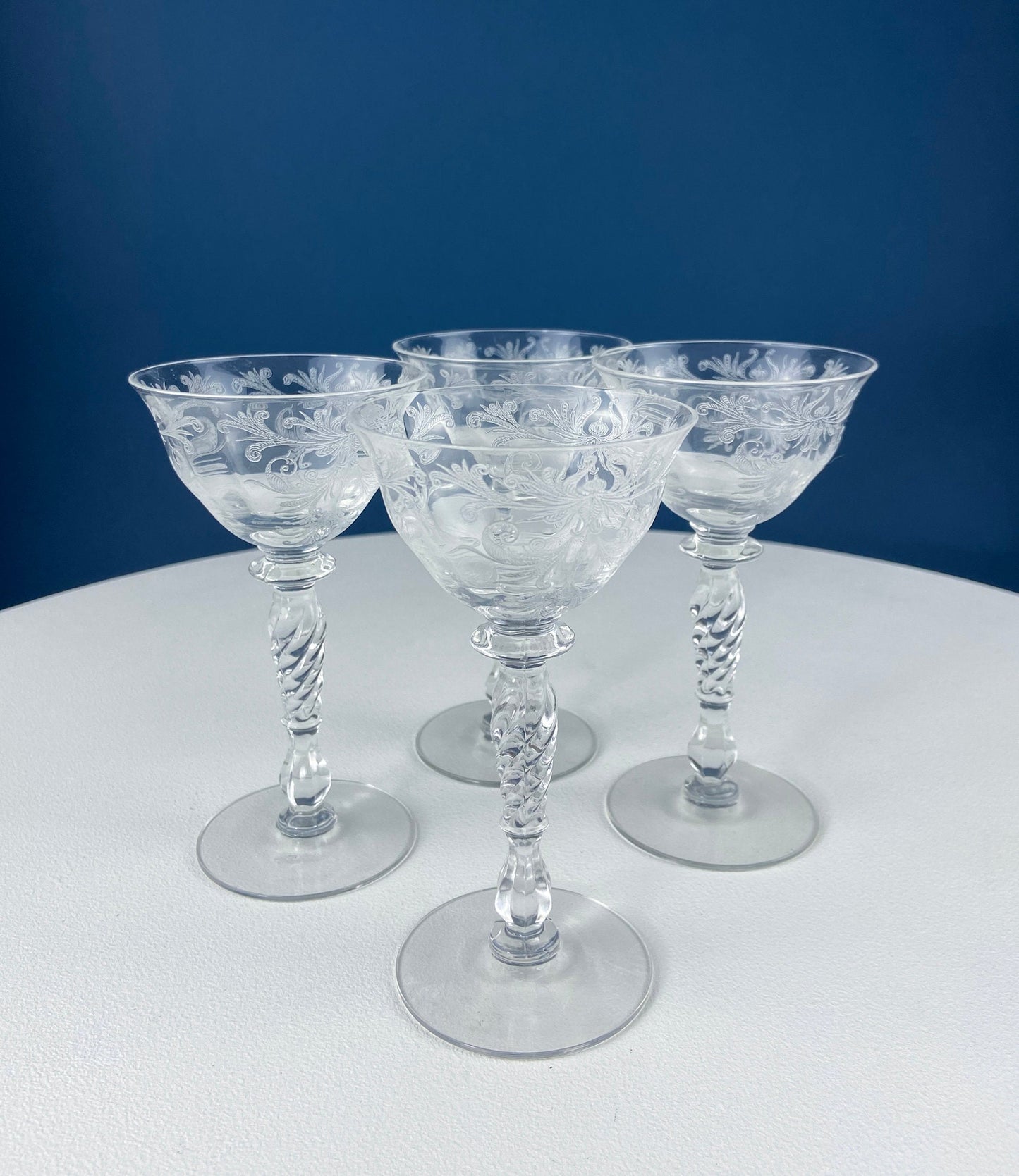 Tiffin Franciscan Sweet Wine Glasses. Set of Four Byzantine Etched Stemware. Floral Motif. - Tampa Home & Garden Store