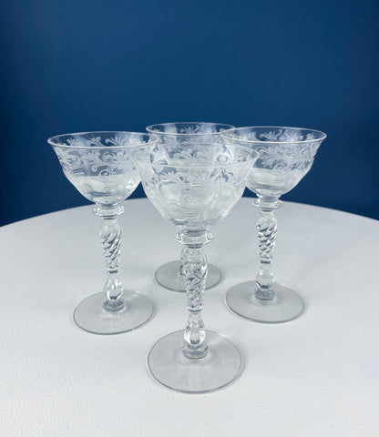 Tiffin Franciscan Sweet Wine Glasses. Set of Four Byzantine Etched Stemware. Floral Motif. - Tampa Home & Garden Store