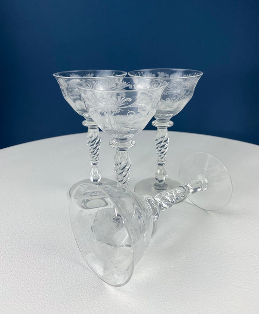Tiffin Franciscan Sweet Wine Glasses. Set of Four Byzantine Etched Stemware. Floral Motif. - Tampa Home & Garden Store