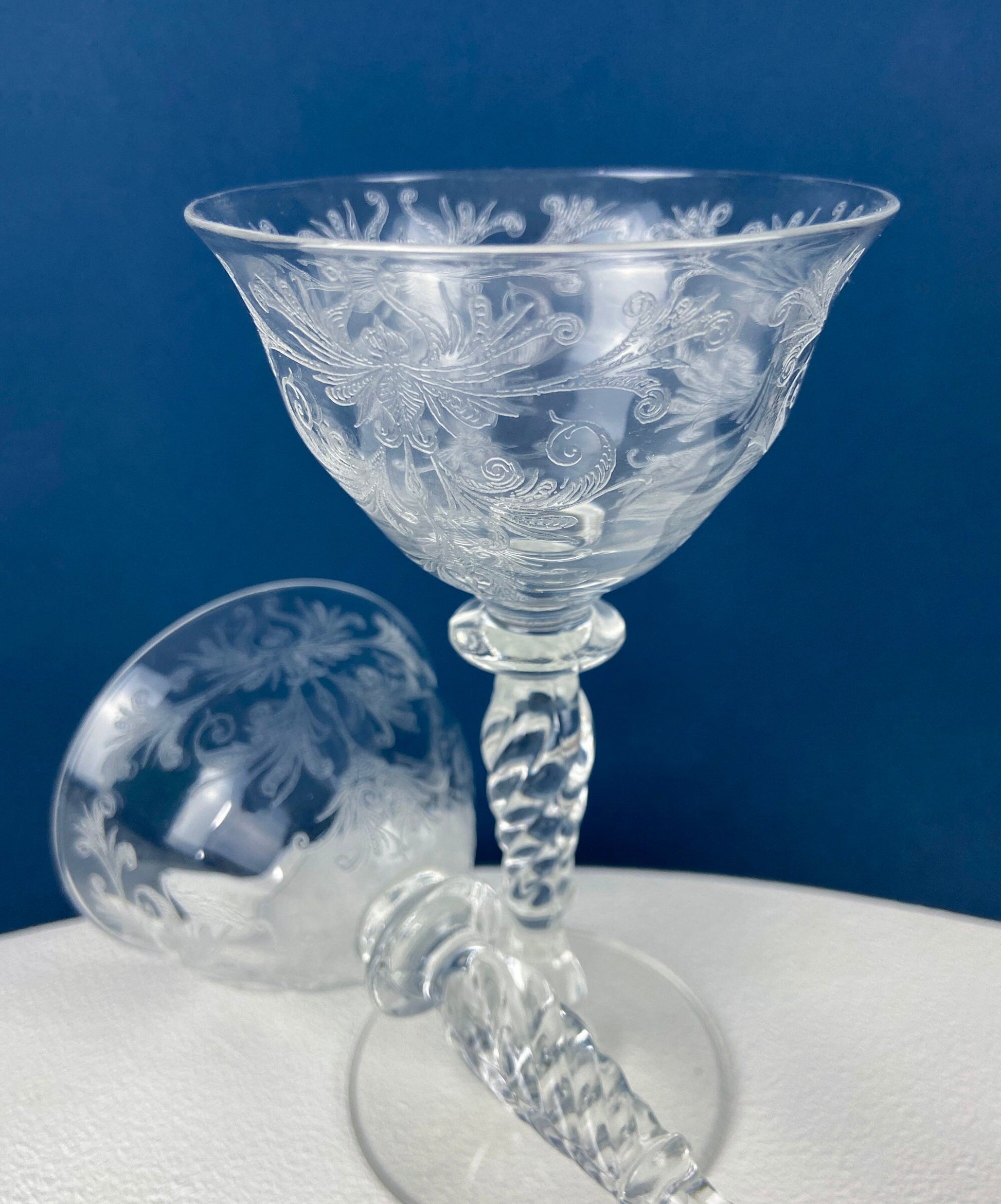 Tiffin Franciscan Sweet Wine Glasses. Set of Four Byzantine Etched Stemware. Floral Motif. - Tampa Home & Garden Store
