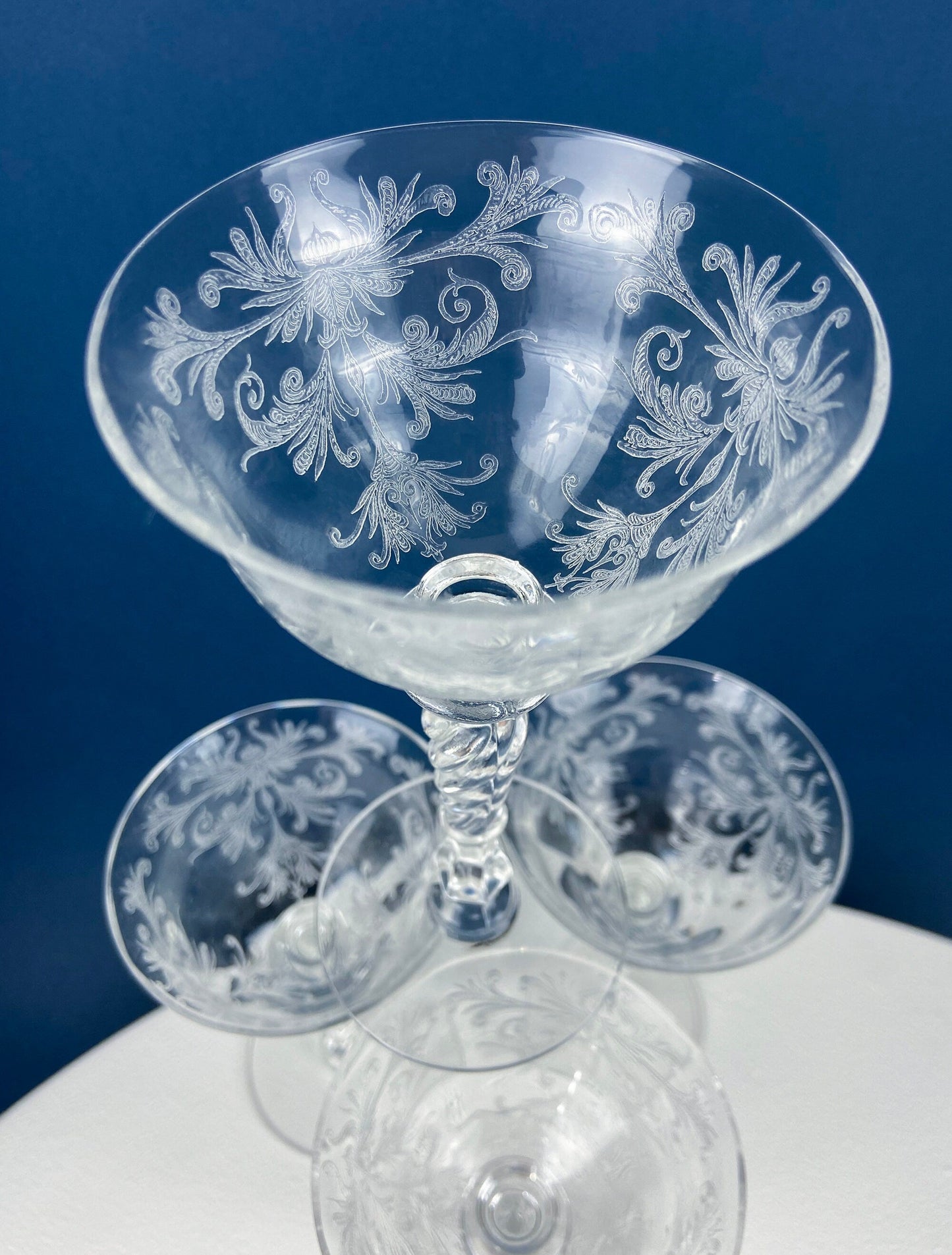 Tiffin Franciscan Sweet Wine Glasses. Set of Four Byzantine Etched Stemware. Floral Motif. - Tampa Home & Garden Store